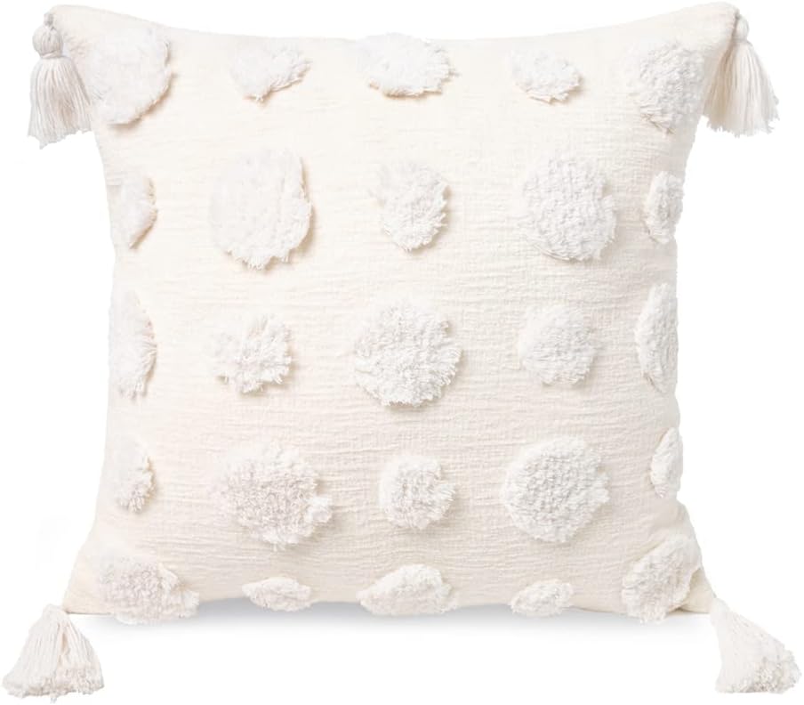 PLWORLD Boho White Throw Pillow Cover 18x18 Inch with Tassels, Pom Pom Tufted Decorative Cream Chenille Fabric Accent Textured Cushion Case for Bed Couch, 1 PC Cover Only No Insert