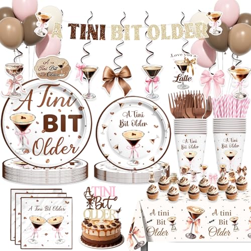 Costova A Tini Bit Older Birthday Party Supplies 195 PCs Espresso Martini Party Decorations with A Tini Bit Older Banner Hanging Swirls Plates Napkins Cake Topper Tablecloth for Girl Birthday