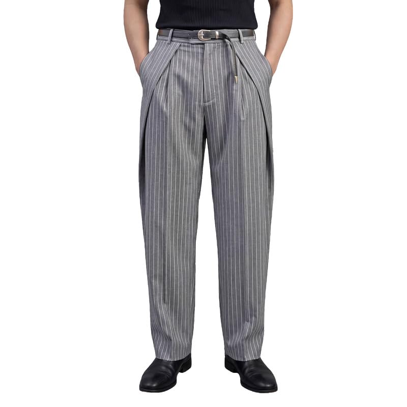 fugazee Grey Cotton Striped Pleated Korean Pants-picture-32
