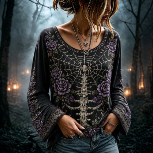 Womens Halloween Shirts Skeleton Shirt Floral Graphic Bell Sleeve Top - image 2