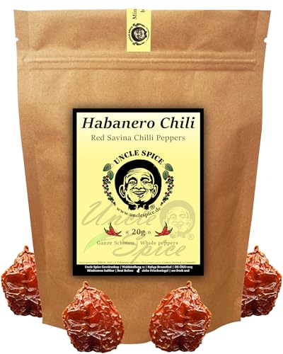 UNCLE SPICE® Habanero Chilischoten - 20g Habanero-Chili ganze echte RED SAVINA Chili-Schoten in PREMIUM-QUALITÄT - ganze getrocknete Habanero Schoten im Aromabeutel - Achtung SCHARF