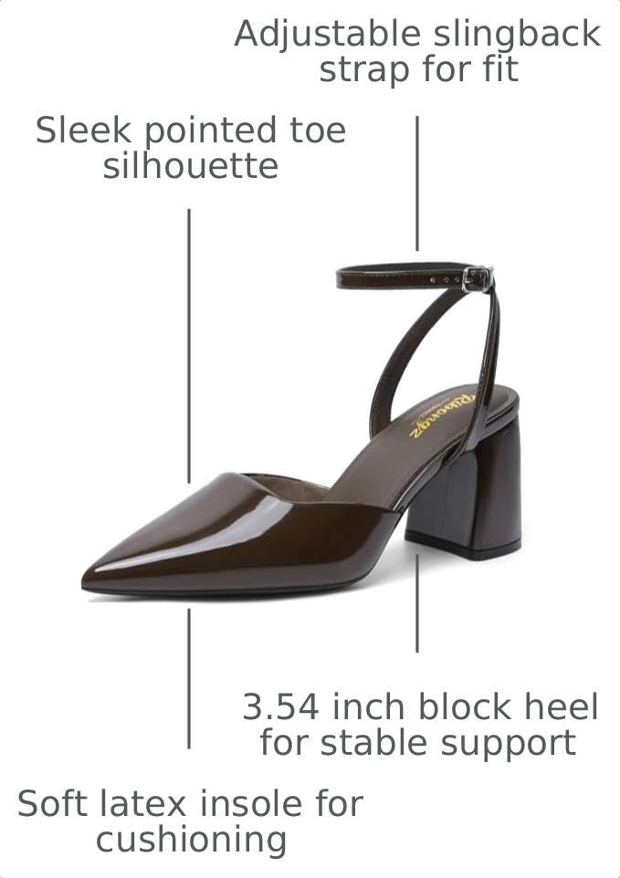 Image of RIBONGZ Block Heels for Women Closed Pointed Toe Heeled Slingback Chunky High Heel Ankle Strap Pumps Patent Leather Comfort Dressy Shoes for Work Party Prom Wedding Bridal Dress