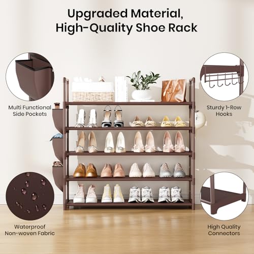 Image of VILICK Shoe Rack for Closet Shoe Organizer Space Saver Storage for 20-25 Pair Shoe Shelf with Hook and Side Pocket Free Standing 5 Tier Shoe Rack Organizer for Entryway,Small Spaces, Brown