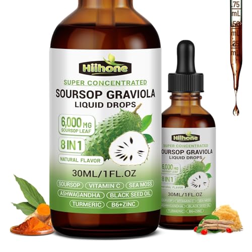 (2 Pack) 8 in 1 Graviola Soursop Leaf Extract Liquid - Soursop Bitters Liquid with Sea Moss, Ashwagandha and Turmeric, for Immune & Liver, Zzz & Antioxidant & Cell Support,1 Fl Oz