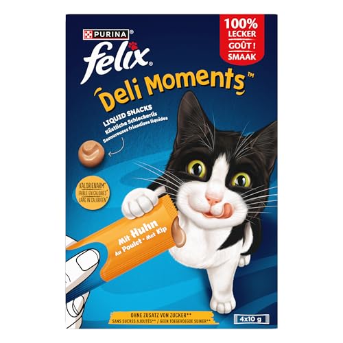 FELIX | Deli Moments | Chat |Savoureuses friandises liquides pour Chat et Chaton | Au Poulet | Sachets| Portion Individuelle |4x10g