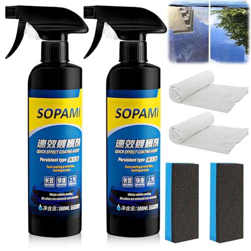 Sopami Car Coating Spray, 17.6 oz Quick Effect Coating Agent,Sopami Quickly Coat Car Wax,Sopami Car Scratch Wax Polish Spray Waterless Wash,Sopami Oil Film Emulsion Glass Cleaner(2PC+2*Sponge+2*Cloth)