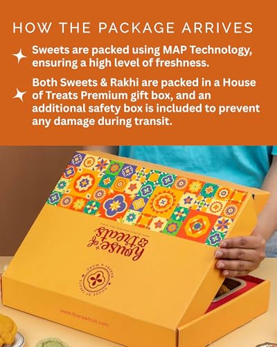 Image of HYPERFOODS House of Treats Rakhi With Sweets Gift Pack Sweets Indian Mithai Pack of 4 Kaju Katli Milk Cake Anjeer Chakkar Kesar Roll 200G each Whispers of Ram Rajya Rakhi Set of 2 With Roli & Rice