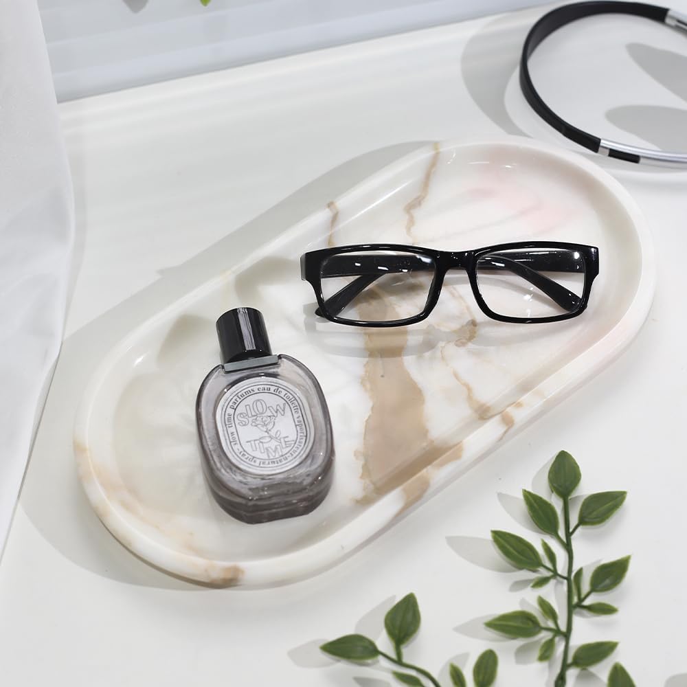 Natural Marble Tray for Vanity Countertop, Oval Marble Dish for Coffee Table, Food, Fruit, Paper Cup, Cake Display, Decorative Tray for Jewelry Perfume, Cosmetics (Calacatta Gold 11"x5"x0.7")
