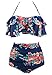 COCOSHIP Red Pink & Navy Blue Antigua Floral Retro Boho Flounce Falbala High Waist Bikini Set Chic Swimsuit Bathing Suit XL(FBA)