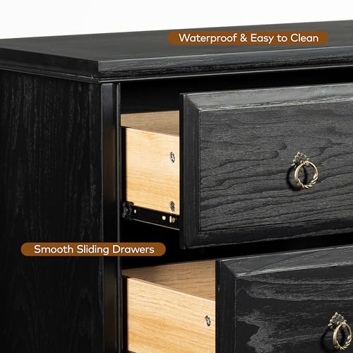 Image of Chogori Farmhouse Solid Wood Nightstand, Rustic End Table with 3 Drawers & Vintage Ring Pulls, Sturdy Accent Side Table for Bedroom, Living Room, Hallway (Black-3 Drawers)