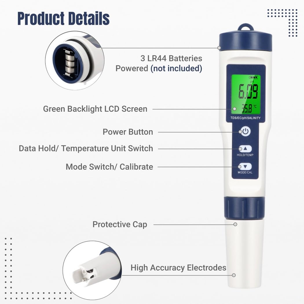 PONDON Cyfrowy tester wody z podświetleniem LCD, wielofunkcyjny długopis 5 w 1 do testowania wody Ph, Ec, przenośny monitor zasolenia, tester Tds do wody pitnej, basenu