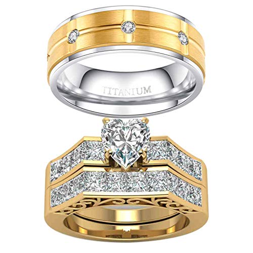 2 Rings Couple Rings Bridal Sets Yellow Gold Filled Heart Cz Womens Wedding Ring Sets Titanium Steel Man Wedding Bands