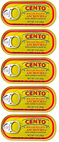 Cento Rolled Fillets Anchovies with Capers in Olive Oil, 2 ounces (56 g) (Pack of 5)