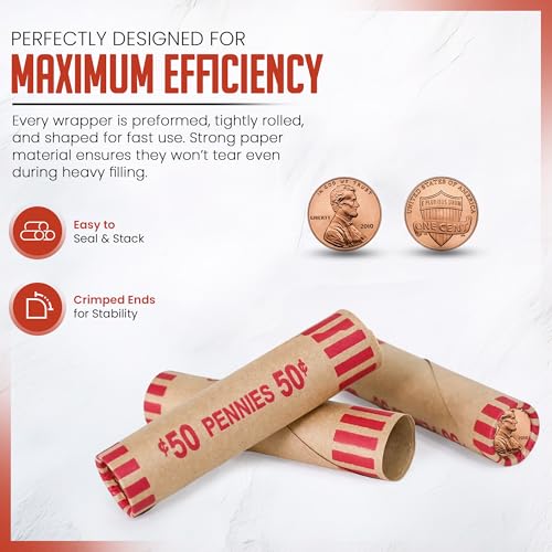 Image of PM Company 100 Pcs Preformed Pennies Coin Wrappers Rolls ABA Color-Coded