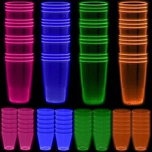 Neon Party Cups - 96 Pack - 48 Soft 18 OZ Beer Cups and 48 Hard Plastic 1 OZ Shot Glasses - UV Reactive Blacklight Colors - Pink, Green, Blue, Orange - Birthdays, Clubs, 80s Festivals, Beer Pong, Etc.