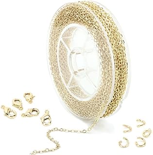 ALEXCRAFT Silver Necklace Chains for Jewellery Making, 33 Feet 1.5mm Curb Cable Spool Brass Gold Plated Silver Chain for Craft Bracelet Jewellery DIY Chain with 20 Lobster Clasps and 50 Jump Rings