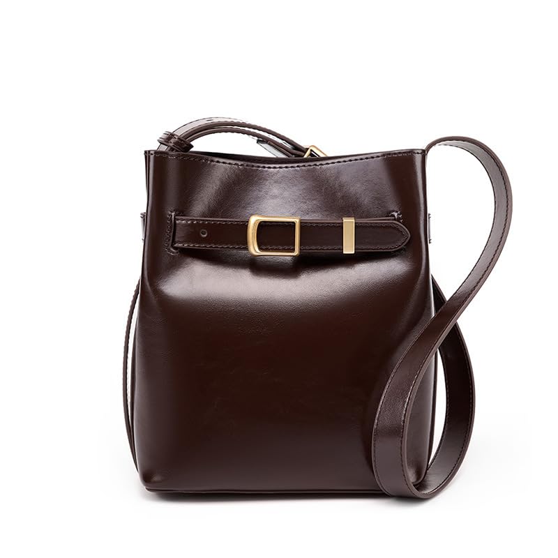 22x9x18cm Retro Leder Damen Tasche,Leder Schulter- Umhängetasche,Stilvolle Eimer-Tasche (Für tägliche Essentials wie Makeup-Spiegel,Handy)