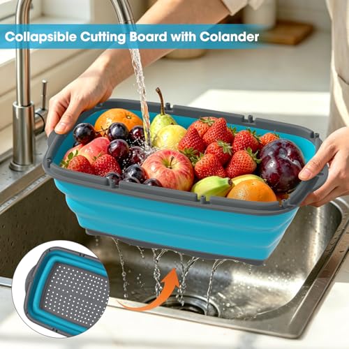 Image of Gintan Collapsible Camping Cutting Board, 9-in-1 Chopping Board with Colander, Kitchen Vegetable Washing Basket for Camping, Camping Gifts Camping Accessories for RV Campers (Blue+Grey)
