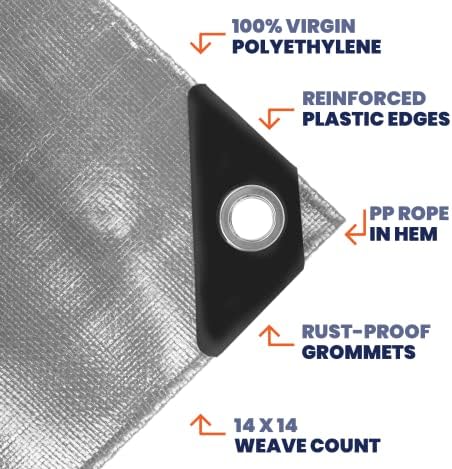 Tarpco Safety Heavy Duty 10 Mil Tarp Cover, Waterproof, UV Resistant, Rip and Tear Proof, Poly Tarpaulin with Reinforced Edges for Camping, Roof, Patio, Pool, Boat. (Silver/Black 12′ X 25′) - 2