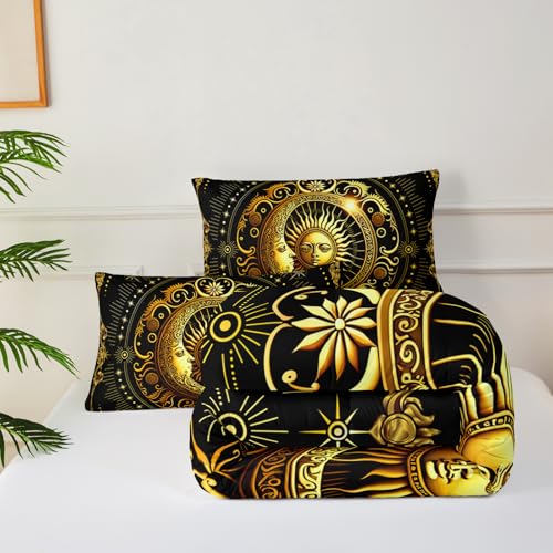 Image of Black and Gold Full Size Sun and Moon Comforter Set,Quilts Full Size Bedding Sets Sun Moon,with 1 Comforter with 2 Pillow Case