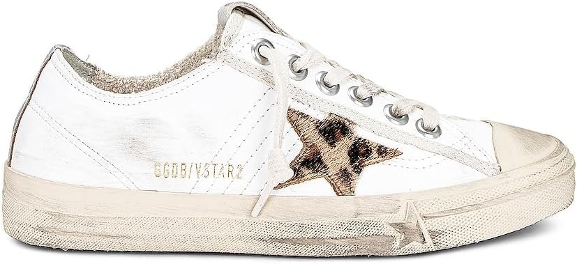 Golden Goose Women's Fashion Distressed Sneakers - Italian Nappa Leather Leopard Laminated Trendy Shoes, White Sneakers (White/Beige/Brown/Silver Metallic, Women, Numeric, Narrow, 7) - 37 EU/ 7 US