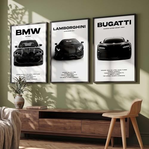 Image of walllane Big BMW M3, Lamborghini Aventador, Bugatti Chiron Cars Framed Posters Gift Items for Boys Room Wall Decoration | Car Poster Frame for Wall Decor Set Of 3 Size (13x17 inch), Framed