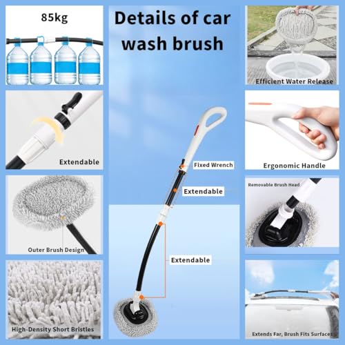 Image of 3-Section Telescopic Car Wash Brush with 15 Curved Aluminum Alloy Handle & 180 Adjustable Head | Non-Scratch Brush for Car Truck RV Boat Wheel Well Solar Panels Cleaning
