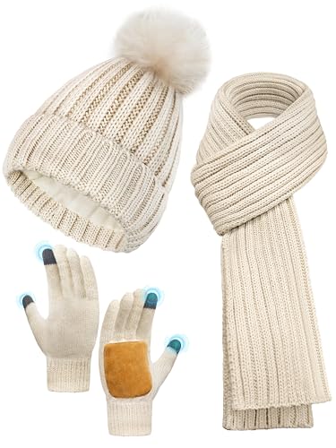 Winter Warm Hat Scarf Glove Set for Women,Fleece Lined Winter Beanie 3 in 1 - Beige Thermal Women Beanie with Pom, Thicken Widen Long Knit Scarf,Touchscreen Non-Slip Gloves