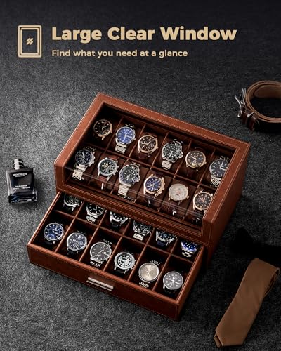 Image of ProCase Watch Box for Men, 24 Slots Watch Display Holder with Clear Acrylic Top, Large Capacity PU Leather Case with Drawer Organizer, Jewelry Storage, Ideal Gift for Men Women -Brown