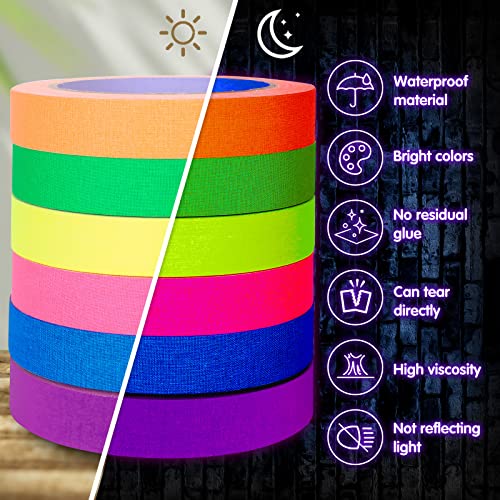 Image of Whaline 6 Colors Neon Gaffer Cloth Tape, Fluorescent UV Blacklight Tape for UV Party (0.6 inch x 60 feet)