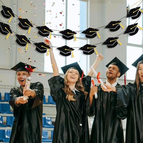 Image of Graduation Decorations Class of 2026 Black Grad Banner Glitter Pre-strung Graduation Cap Banner for 2026 Congrats Grad Decor Party Supplies