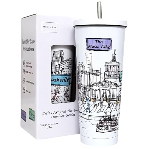 Cities Around the World 25 Oz Tumbler Series- Designed in the USA- Vacuum Insulated Tumbler with Lids Straw – Stainless Steel Coffee Water Travel Mug, Cup for Hot Cold Drink (Nashville)