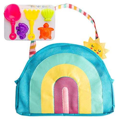 Stephen Joseph, Beach Tote with Sand Toys - Toddler and Baby Beach Toys, Travel Friendly Beach Set, 6 Piece Beach Play Set, Beach Bag with Sand Toys for Toddlers and Kids, Rainbow