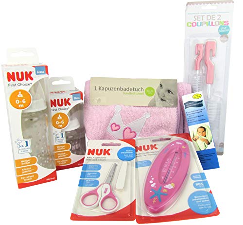 Babyset Geschenkset für Babys 7-teilig, Kaputzenbadetuch Nagelschere Fieberthermometer Milch- und Teefläschchen Flaschenreinigungsbürste (Rosa - Mädchen) Cover