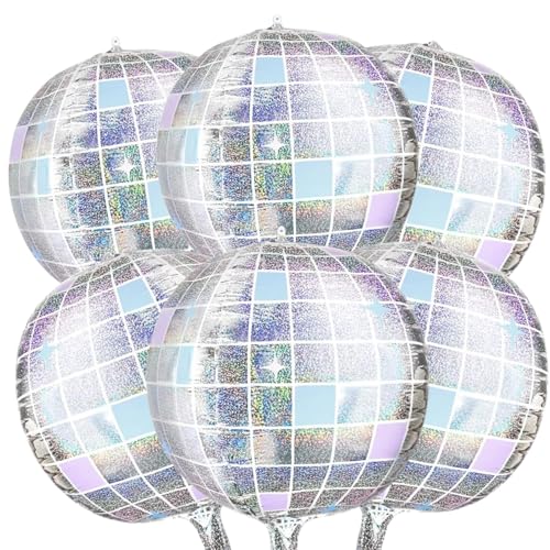 OuMuaMua Disco Party Decorations Disco Ball Balloons for 70s 80s 22 Inch Large 4D Iridescent Disco Foil Balloons for Disco Themed Party Birthday Bachelorette New Year Decor 6pcs