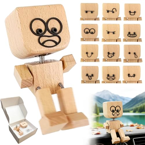 Hyhuiyin Shaking Wooden Man Figurine 12Pcs Expressions Handcrafted Shaking Feet Wooden Doll Charming Little Wood Figure That Sways Car Dashboard Decor Auto Ornament for Travel Home