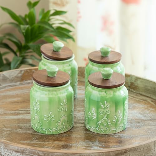 Image of ExclusiveLane 'Green Keepers' Airtight Ceramic Jars for Kitchen Storage (Set of 4, Each Jar Capacity : 390 ml, 13.5 Cm) | Ceramic Jar with Wooden Lid Salt Jars Multi-Utility Snacks Jars & Containers