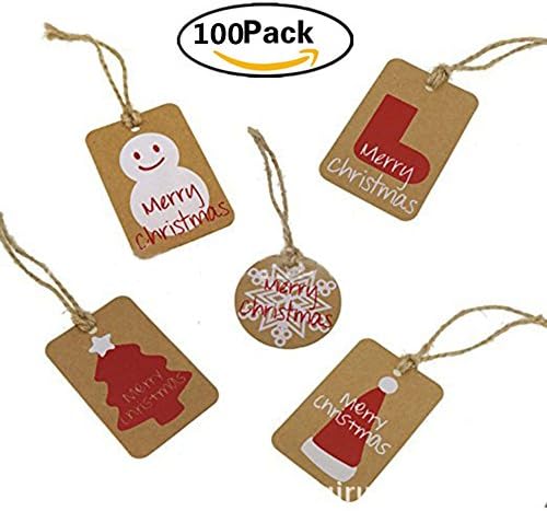 RenBa 100 pcs Kraft Paper Christmas Gift Tags 5 Designs for DIY Xmas Holiday Present Label