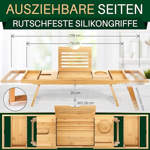 SereneLife 2-in 1 Ablage als Badewannenablage & Betttisch – Klappbares Badewannentablett Länge & Höhe Verstellbar – Wasserdichtes Betttablett für Bett & Badewanne – Robustes Sofa Tablett aus Bambus