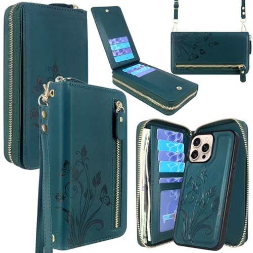 Lacass for iPhone 16 Pro Max 6.9 inch 2024 Wallet Case, Crossbody Dual Zipper Detachable Magnetic Leather Wallet Case Cover Wristlets Wrist Strap 13 Card Slots Money Pocket(Floral Cyan Green)