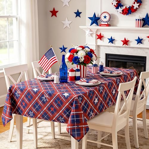 DWCN 60 x 102 Inches Holiday 4th of July Tablecloth - American Plaid Star Patterned Table Cover for Independence Day Picnic Party, Water Stain Resistant Washable Table Cloth, Blue and Red Star by DWCN - Used condition - Image 2