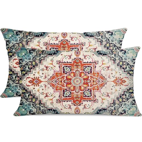 Gujiahone Outdoor Waterproof Pillow Covers - 12 x 20 Inch Set of 2, Orange Bohemian Vintage Carpet Pattern, Ethnic Design Decorative Farmhouse for Couch, Garden, Balcony