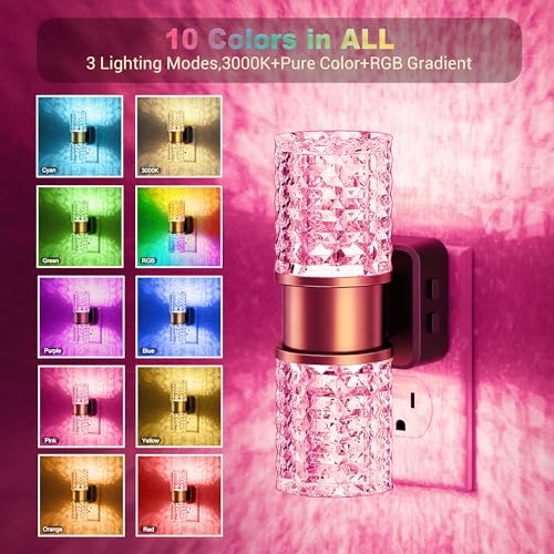 Image of JandCase Night Lights Plug into Wall,2 Pack Color Changing Night Light for Kids, 3000K+RGB LED Nightlight with Dusk to Dawn Sensor, 10 /50 /100LM Adjustable Brightness for Rooms Decor