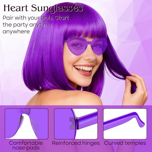Image of PLULON Purple Bob Wig with Bangs, Short Straight Bob Wig with Heart Sunglasses 12 Inch Shoulder Length Heat Resistant Synthetic Hair for Women Natural Look Daily Use Cosplay Halloween Costume Party