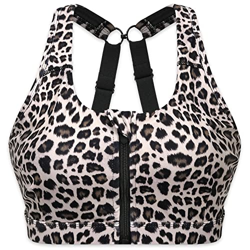 Cordaw Zip Front Sports Bra Adjustable For Post Surgery Medium Impact High Support Running Bra Zipper With J Hook Racerback Workout Bra, Leopard Print Medium #TOP1