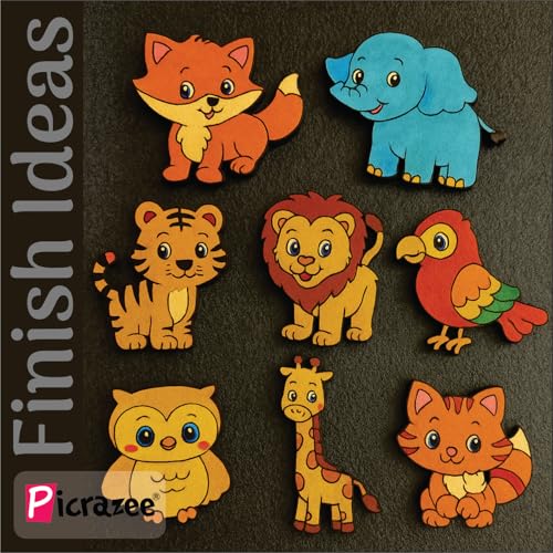 Image of PICRAZEE DIY Art & Craft Kit 11 Animal Cutouts for Fridge Magnets in Pine MDF | Acrylic Colors, Brushes, Palette & Magnets | Ideal for All Kinds of Painting & Kids DIY Projects (M6), Multicolor