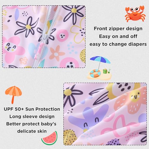 Image of UMELOK Baby Girls One Piece Swimsuit Infant Bathing Suit Long Sleeve Rash Guard Swimwear with UPF 50+ Sun Protection
