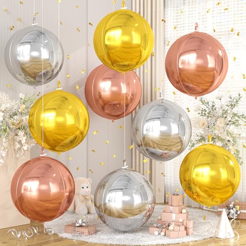 Image of 9 Pcs Silver Gold Rose Gold Round Foil Balloons,22 Inch Round Balloons | Silver Gold Rose Gold Giant 4D Round Ball Balloons For Wedding Graduation Anniversary New Year Disco Party Decorations