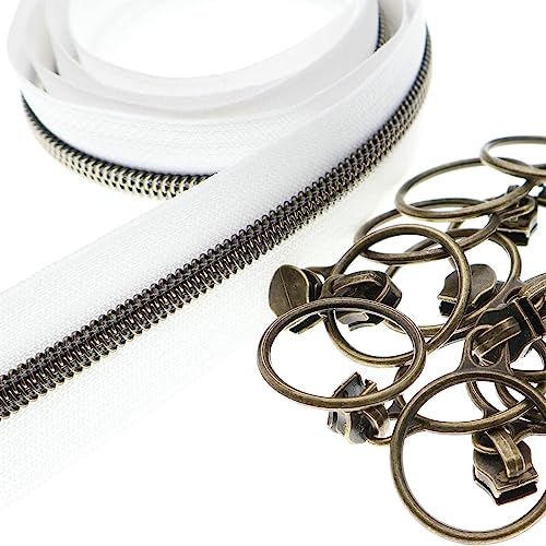 Leekayer #5 White Nylon Zippers Metallic Coil Zippers by The Yard Bulk 10 Yards White Zipper Tape with 25pcs Sliders for DIY Sewing Craft Bag (Antique Brass)