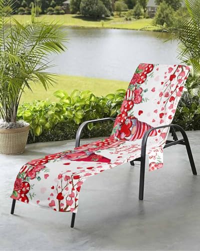 Valentine's Gnomes Rose Beach Chair Towel Covers for Chaise Lounge with Side Pocket, Soft Plush Pool Towels Cover for Patio Sunbathing Outdoor 29''x85'' Red Eucalyptus Leaves Flower